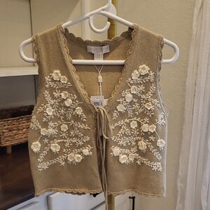 Caroline Constas Tan Floral Embroidered Top